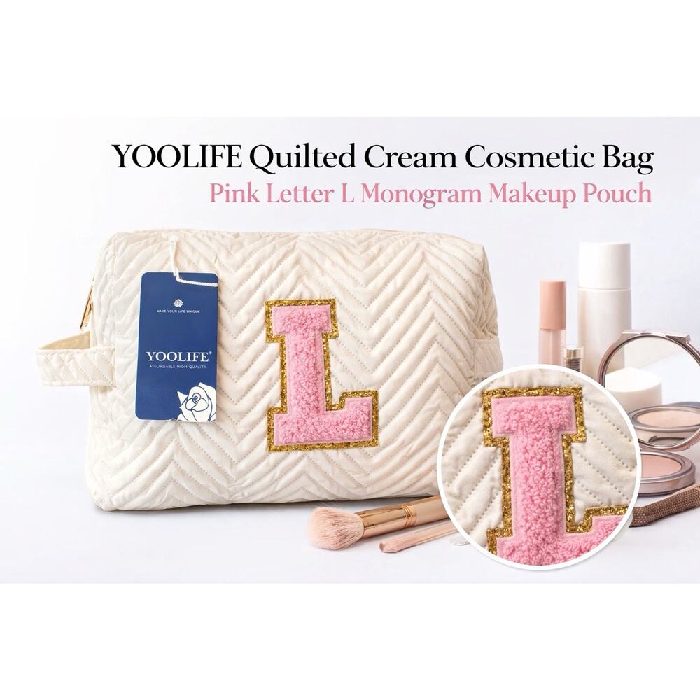 YOOLIFE Quilted Cream Cosmetic Bag Pink Letter L Monogram Makeup Pouch